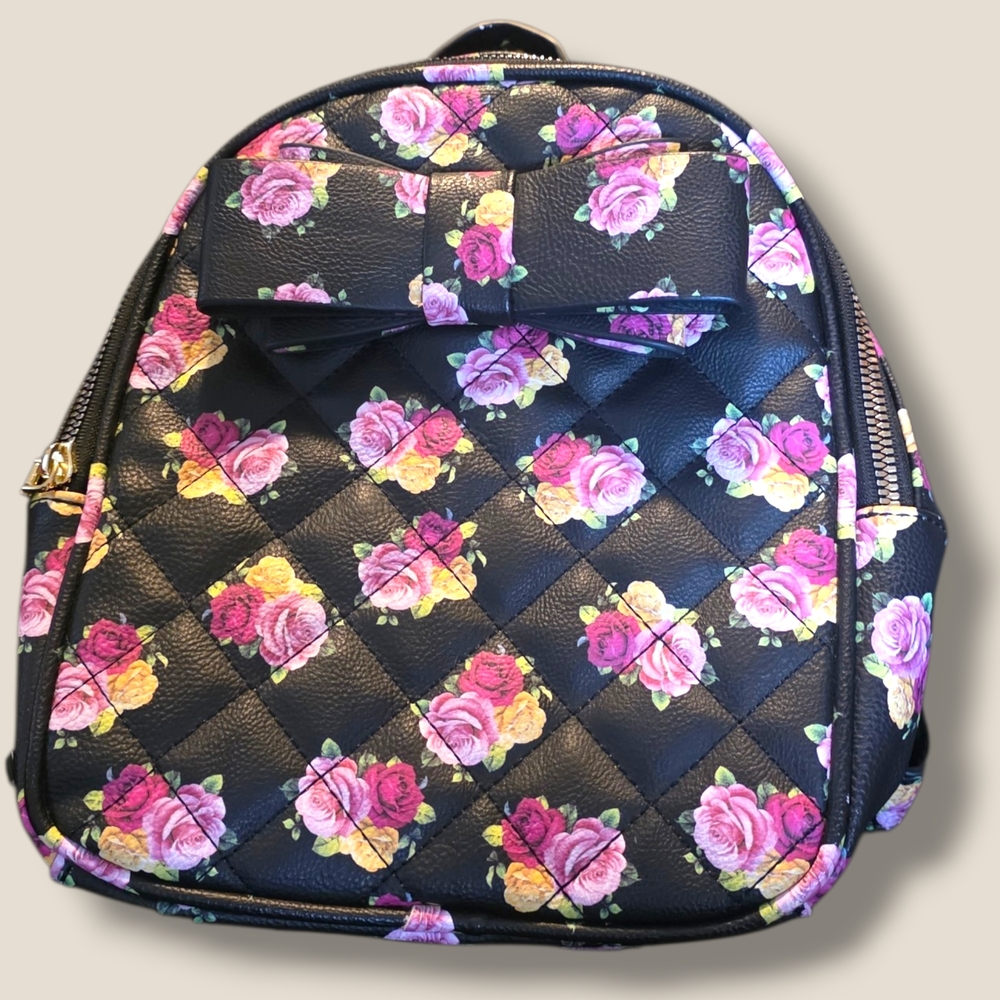 Betsey Johnson Black Quilted Mini Backpack with Pink & Yellow Rose Print